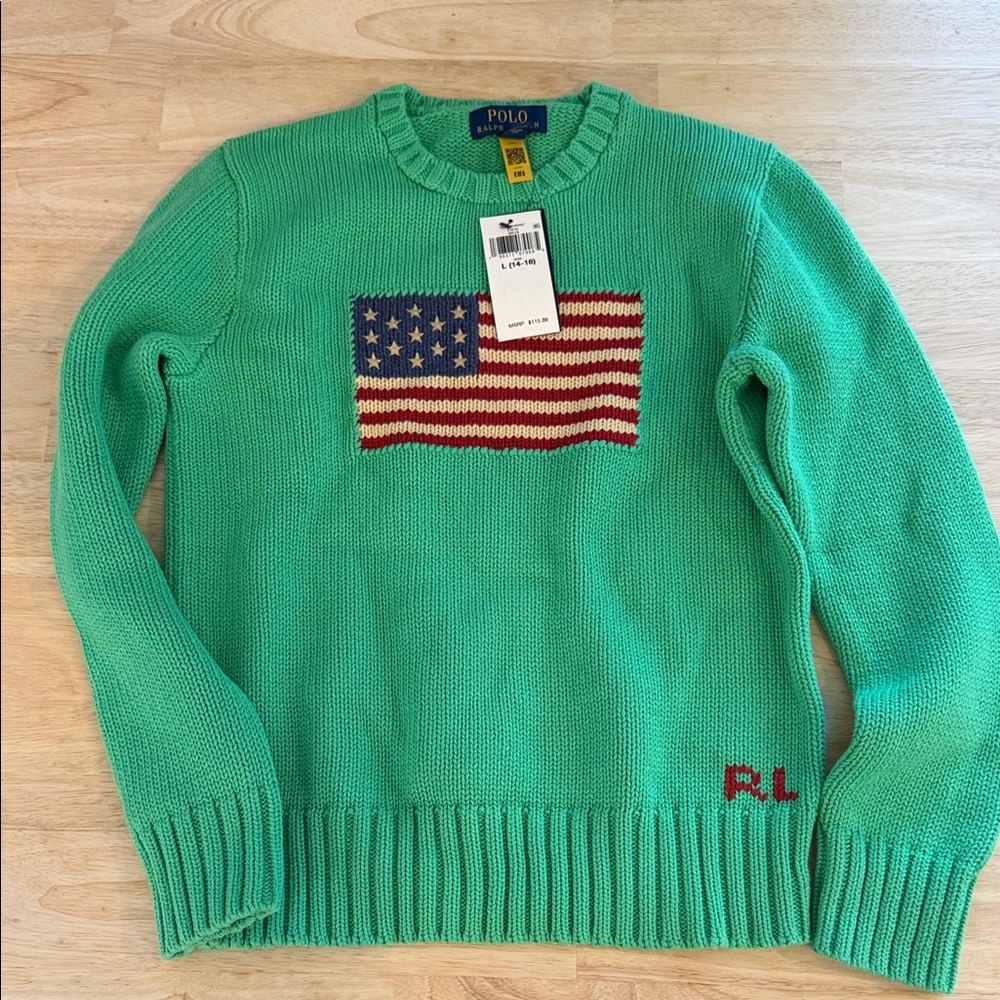 Polo by Ralph Lauren Men's Teal Sweater with Flag Design